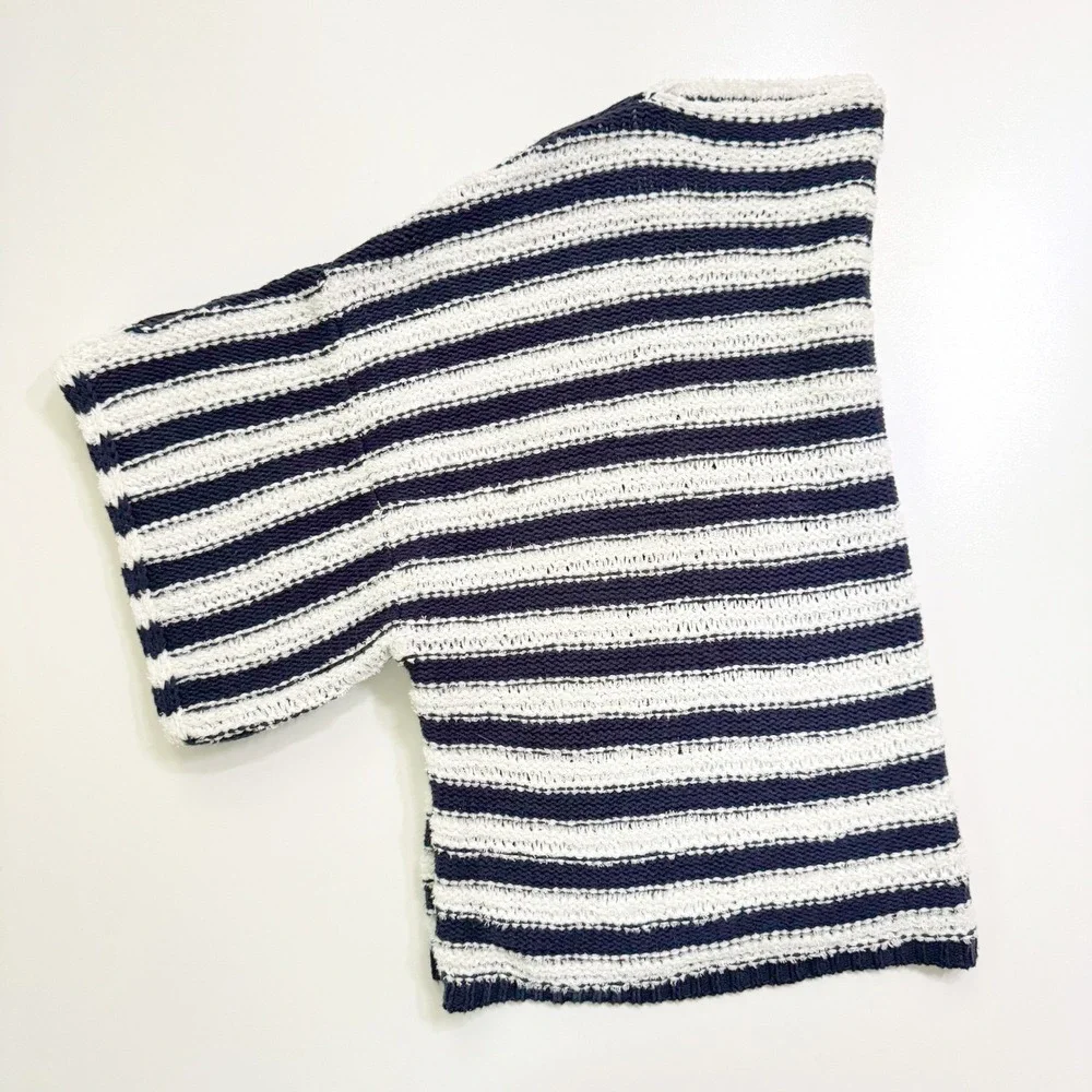 Anthropologie Evie Poncho Striped Sweater XS/S Navy White Textured Knit Boxy‎